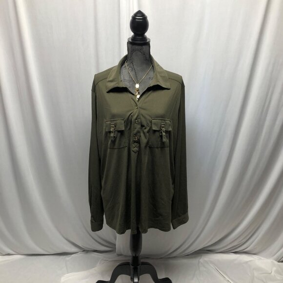 Stella Tweed Olive Green Button-Up Shirt Womens Size 3X Stretch Long Sleeve Top - Picture 1 of 9